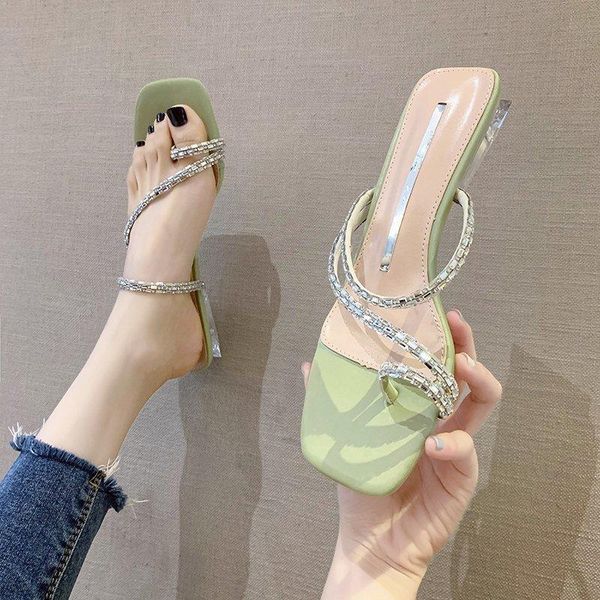 

sandals for women's wear 2021 summer square head korean transparent heel water drill set toe middle beach, Black