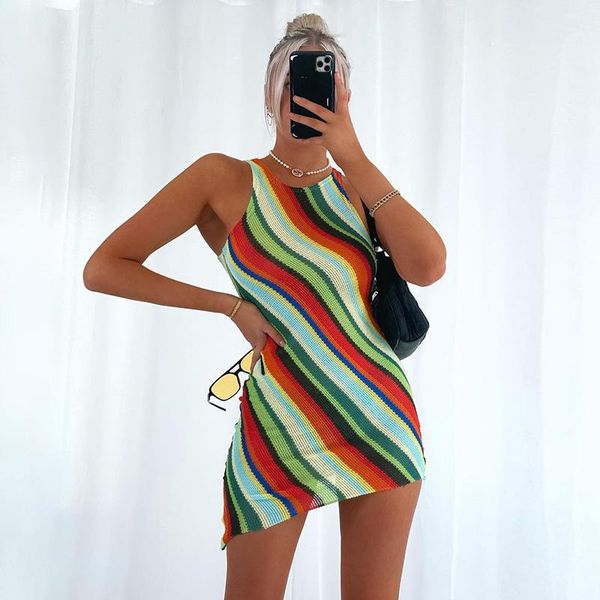 

casual dresses women sleeveless chic mini summer o-neck knitted cotton tank party club wrap bodycon striped fashion dress, Black;gray