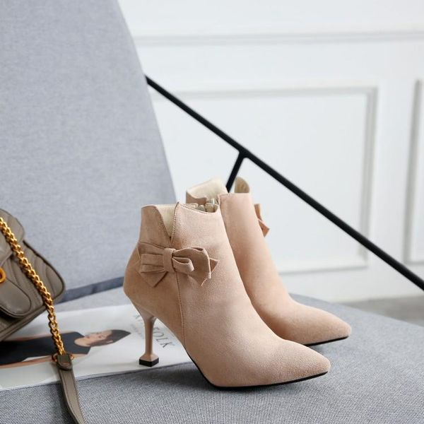 

boots big size 9 10 11 12 women shoes ankle for ladies woman winter with bow tip and thin heel, Black