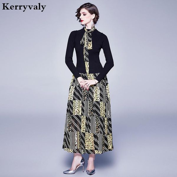 

casual dresses spring sweater stitching print long party dress moda mujer 2021 women large pendulum sleeve black shirt maxi k6307, Black;gray