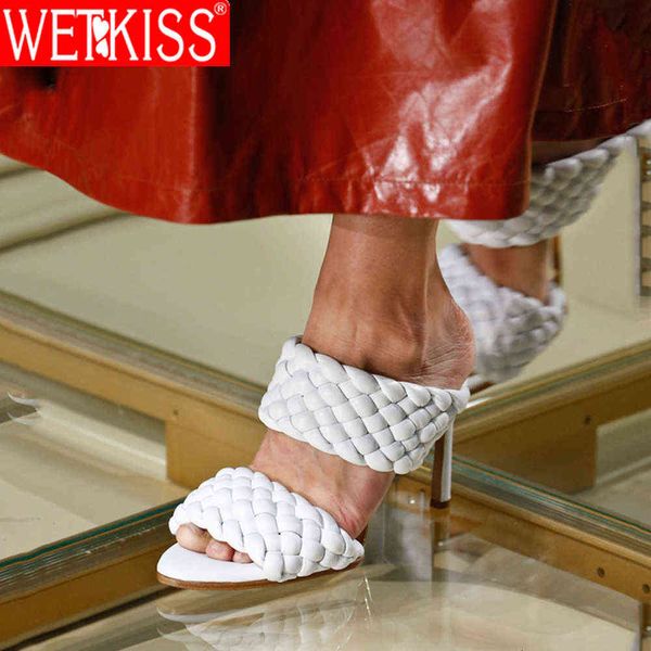 

wetkiss summer weave women slippers fashion thick high heels gladiator sandals slip on outdoor beach slides ladies mules shoes 210630, Black