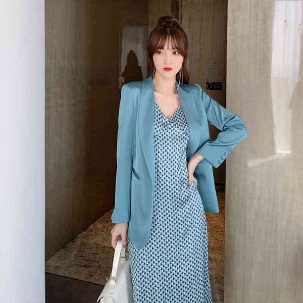 

two piece dress spring autumn arrival fashion formal dress suits simple blazer and print strap long a-line cute sets 1d66, White