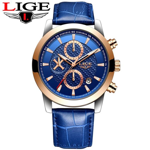 

wristwatches relogio masculino lige 2021 fashion mens watches with leather sport chronograph quartz waterproof watch men, Slivery;brown