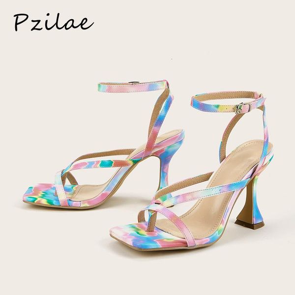

sandals pzilae colorful gladiator high heels shoes summer street style female square head open toe clip-on strappy pumps women, Black