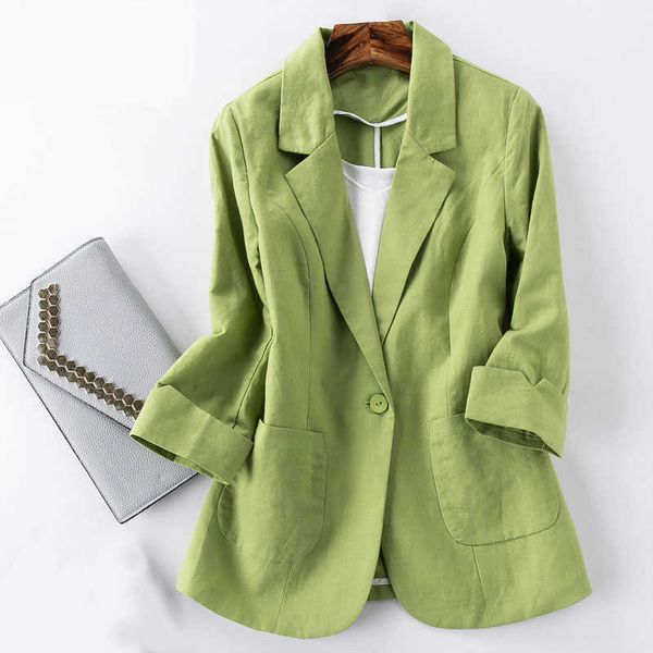Abito piccolo in cotone e lino giacca da donna autunno Primavera estate moda slim dimagrante maniche corte camicia corta verde 210930