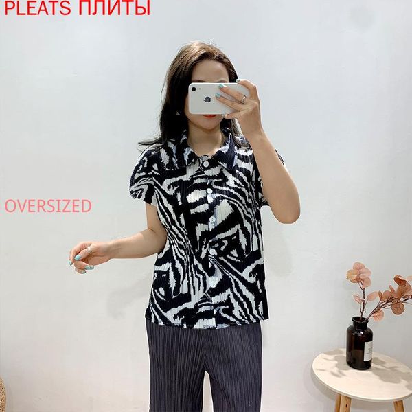

women's blouses & shirts miyake pleated short-sleeved shirt 2021 summer buttoned cardigan printed lapel blouse show thin pleats top, White