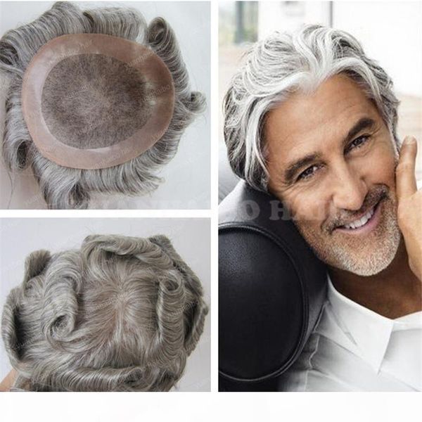 

6inch virgin brazilian remy hair natural wave gray hair toupee for old men ing, Black