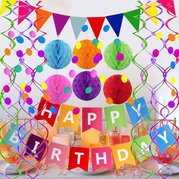 

party decoration birthday decorations supplies, happy banner, pom poms flowers, garland, hanging swirl, for kids