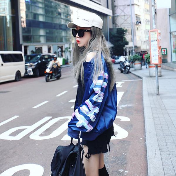 

women's trench coats high street fashion girl sequined baseball jacket spring letter blue sequins short jackets, Tan;black