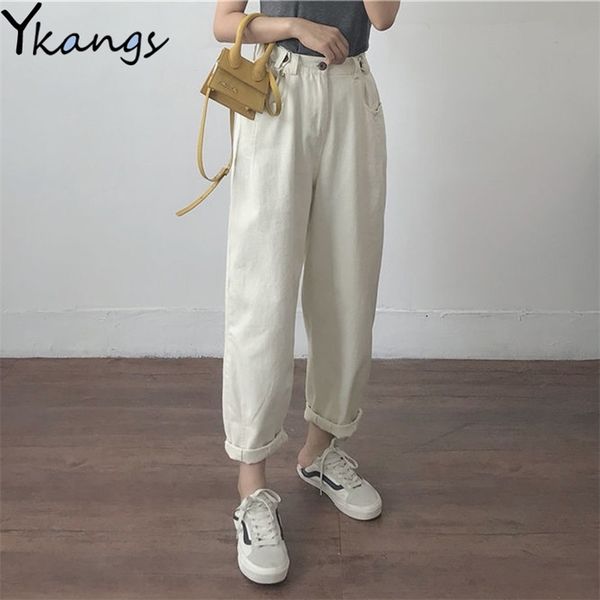 Algodón blanco novio suelto pantalón de mezclilla cintura alta talla grande mamá jeans negro primavera beige azul plátano jeans streetwear 210809