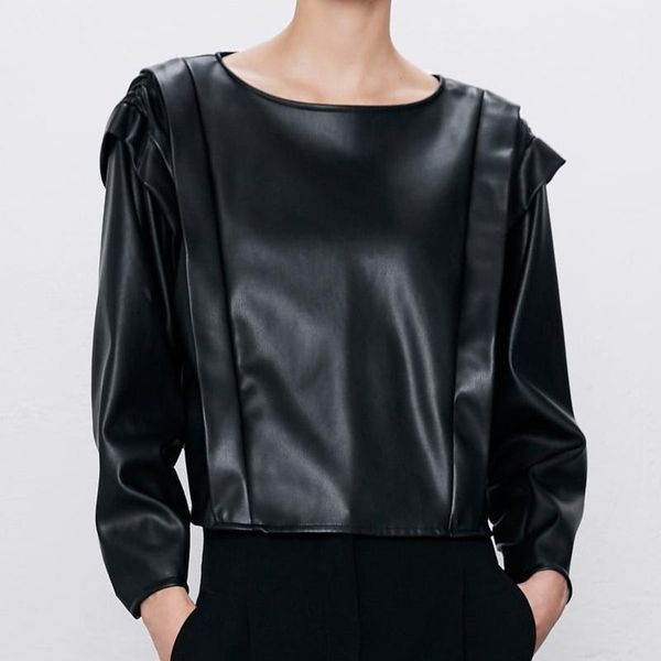 

black pu leather autumn 2019 new fashion women ruffle pullover clothing1, White