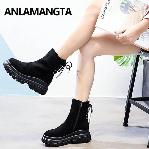 

boots women casual shoes autum winter plush lining warm round toe zipper ankle platform fashion woman1, Black