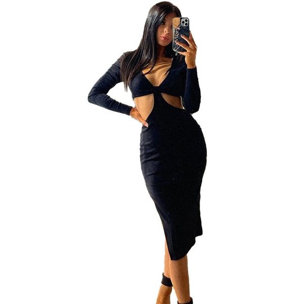 

casual dresses women autumn dress solid v-neck bodycon midi hollow out full sleeve slit package hip party club wear vestidos, Black;gray