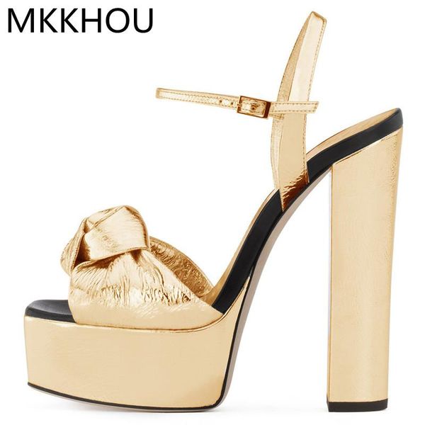 

sandals mkkhou fashion women gold heels patent leather bowknot 16cm platform shoes silver banquet ladies chunky, Black