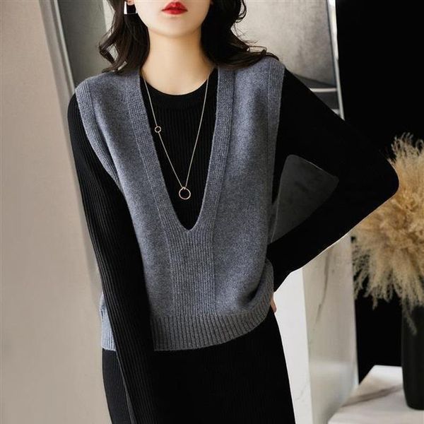

women's vests v-neck knitted sweater for spring autumn loose wild tank vest sleeveless sweaters women oversized x375, Black;white