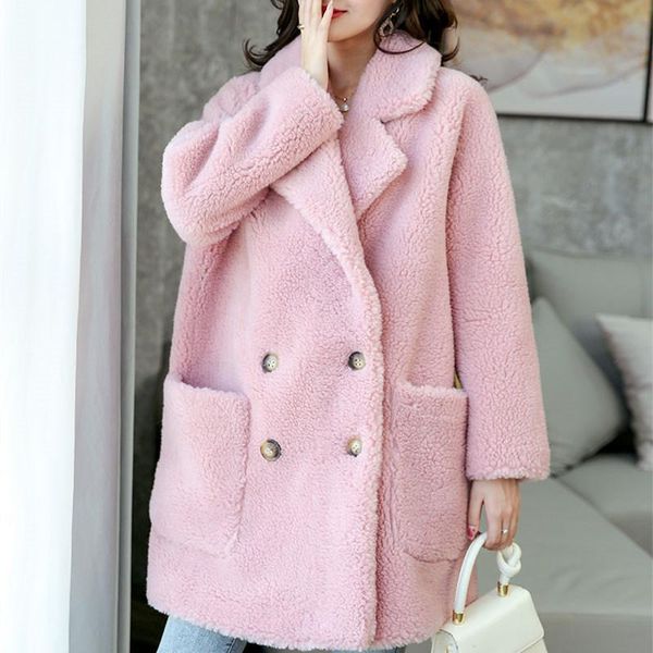 

women's fur & faux autumn winter thick sheep shearing coat women loose long outerwear fashion white pink double breasted jacket female, Black