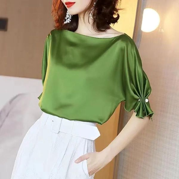 

women's t-shirt chic stain silk short sleeve o-neck plesated tee women fashion elegant plus size 4xl loose t shirt ladies 2021 summer, White