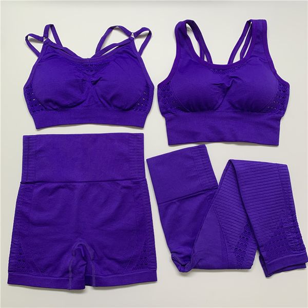 

4pcs women vital seamless yoga set workout sport wear gym clothing padded push-up bra+high waist leggings sports suit shorts set, White;red