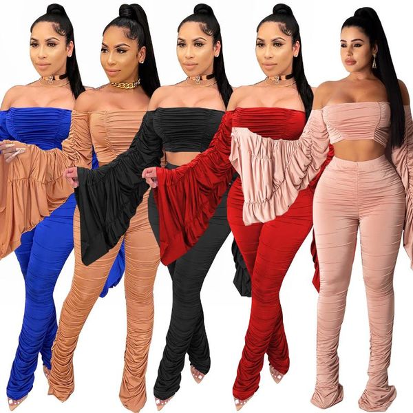 

women's two piece pants stacked set for women sweatsuits flare sleeve off the shoulder slash neck cropped and leggings 2021, White