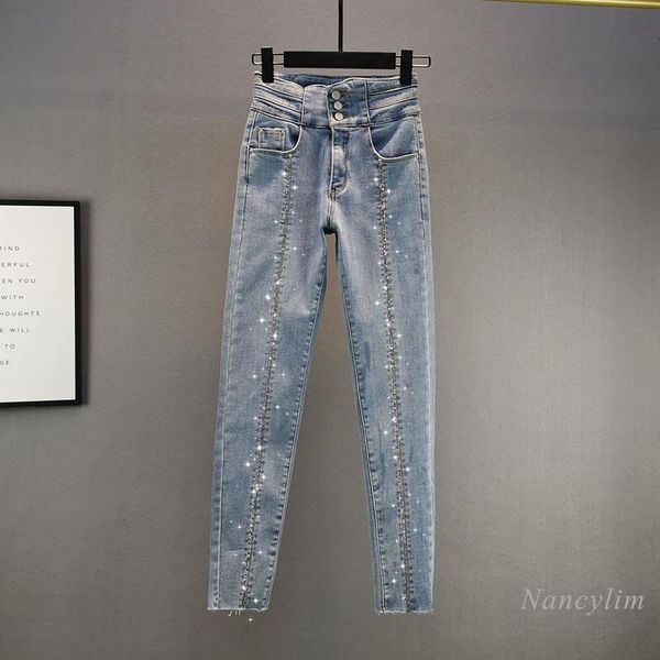 

women's jeans rhinestones fleece warm women 2021 spring autumn high waist slim fit stretch dark blue denim pants black trousers