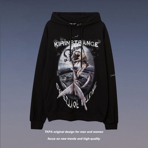 

tkpa dark funeral mermaid print hoodie men's abifenggao street fashion brand autumn bottoms, Black