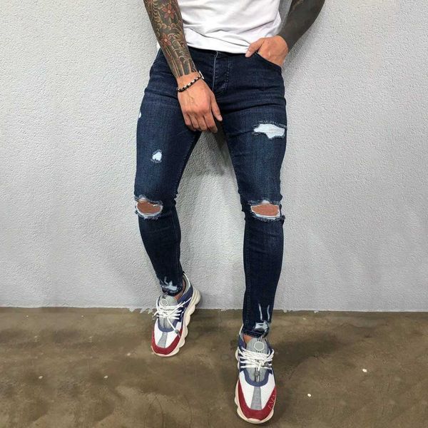 Homens Stretchy Multi-Pocket Skinny Jeans Homens Bolso Zipper Lápis Calças 2021 Moda Jeans Calças Casuais Hip Hop Sweatpants x0621