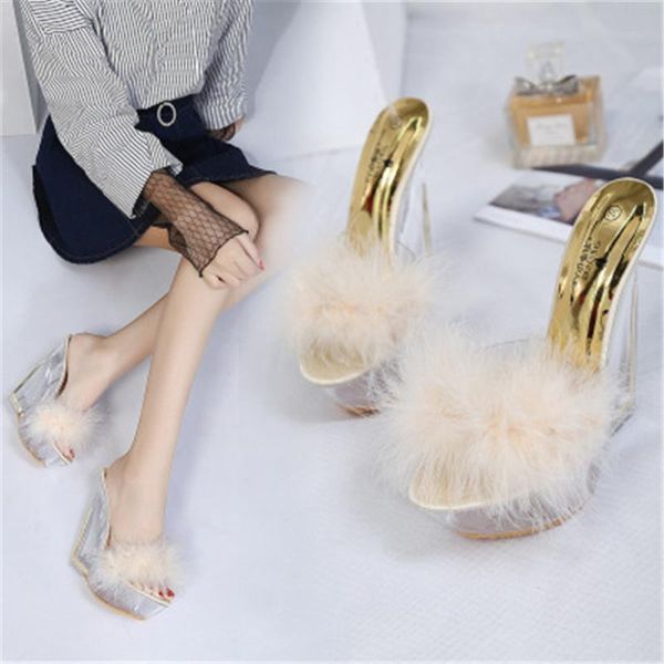 

sandals wedges gladiator shoes girls a006 transparent high heel crystal sandalia feminina artificial fur for women 14cm, Black
