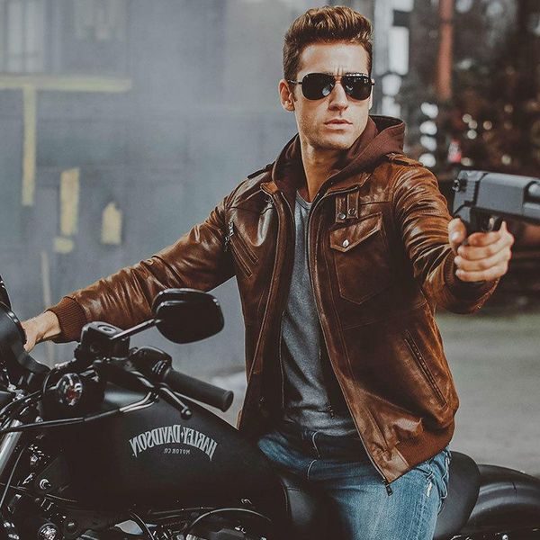 

men's leather & faux retro warm genuine plus size two-door collar jackets real jacket men motorcycle removable hood coats, Black