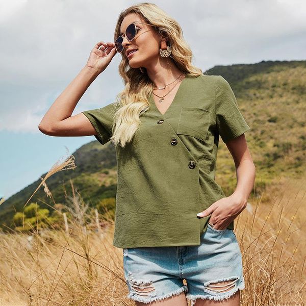 

women's blouses & shirts oblique button army green short sleeves ladies blouse 2021 summer spring fashion casdual v neck female chic, White