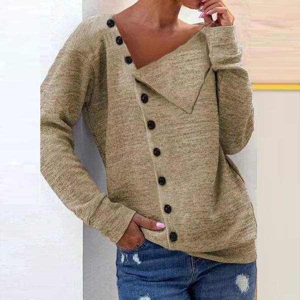 

New 2021 Fashion Button Blouse Autumn Irregular Slant Collar Pullovers Tops Ladies Casual Long Sleeve Women Shirts MYBA, White