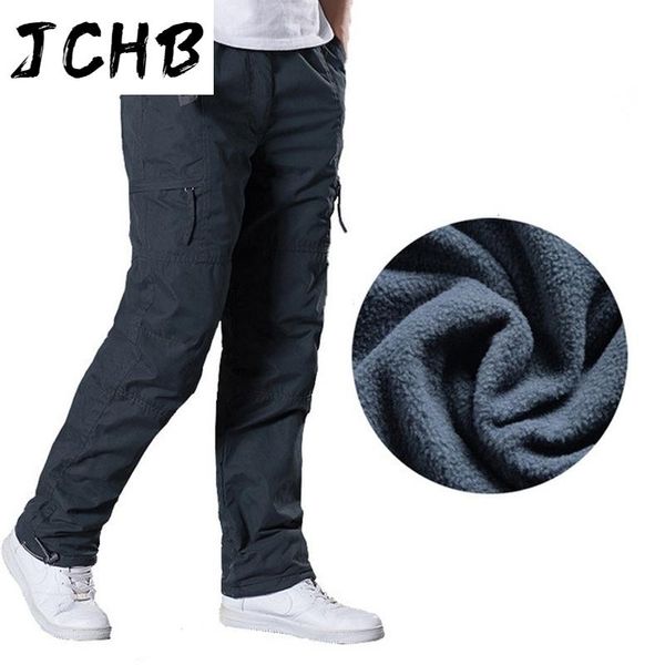 

men's pants winter mens double layer cargo fleece warm baggy cotton trousers for men male camouflage tactical, Black
