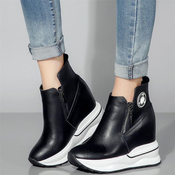 

boots platform creepers women genuine leather wedges high heel ankle female round toe fashion sneakers casual shoes, Black