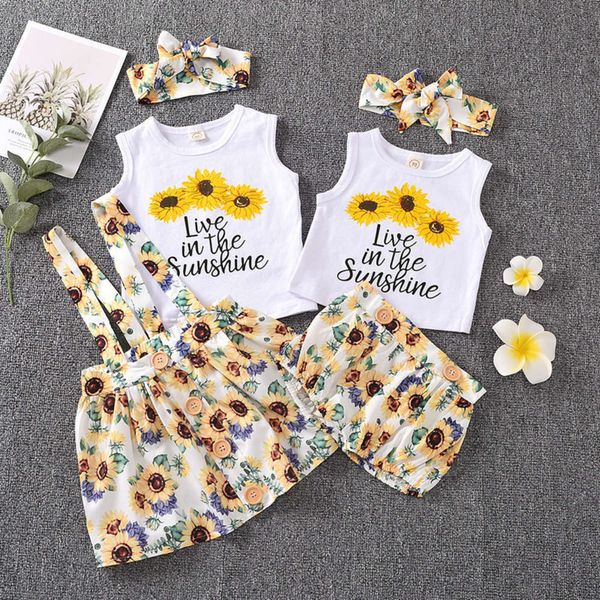 

summer children's suit sunflower vest pasted cloth printing girl's three piece set, White