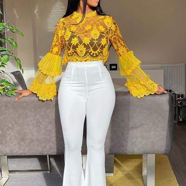 

mesh yellow blouse see through flare long sleeve african party club shirts 2021 summer slim women sheer shirt, White