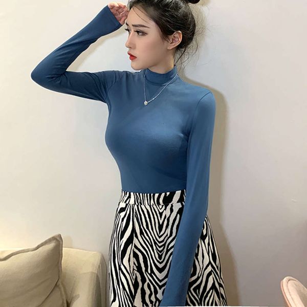 

haze blue half high collar bottom coat women's long sleeve slim fit in early autumn and winter, White