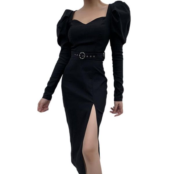 

casual dresses women\u2021s fashion solid color mid-length dress square collar puff sleeve split skinny with belt, Black;gray