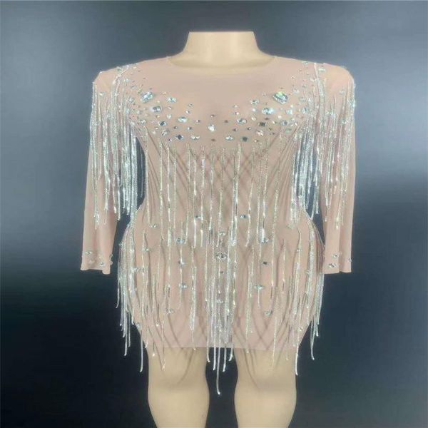 

party decoration v71 singer wears long sleeve mesh rhinestones women dress pole dance crystal elastic see through skirt diamonds short club