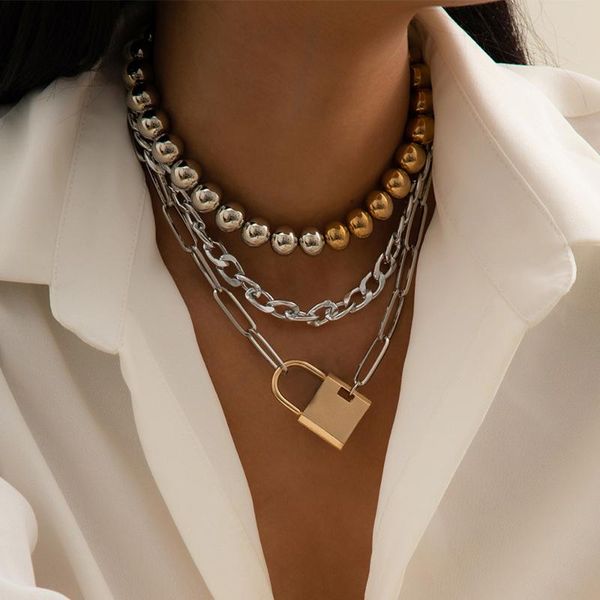 

pendant necklaces ingemark exaggerated goth mixed color acrylic beads chain necklace female colar lock pendants for women jewelry 2021, Silver