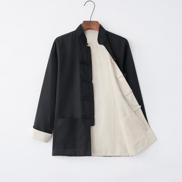 

men's jackets reversible autumn cotton linen chinese traditional men long sleeve jacket coat tai chi uniform clothing m-4xl, Black;brown