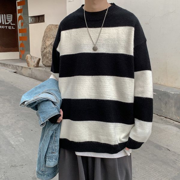 

2021 new striped warm fashion casual retro knitted pullover men streetwear autumn winter sweater mens clothes 0s3r, White;black