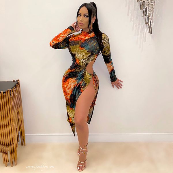 

women long sleeve party dresses fashion autumn clubwear skinny bodycon midi dress hollow out side slit print dress, Black;gray