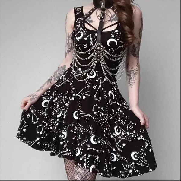 

sleeveless black gothic dress summer bodycon thin lady dresses moom star print darkness dress gothic punk wind dress, Black;gray