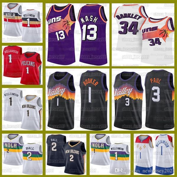 

devin 1 booker new orleans basketball zion 1 williamson pelicans jerseys lonzo 2 ball charles 34 barkley suns steve 13 nash, Black;red