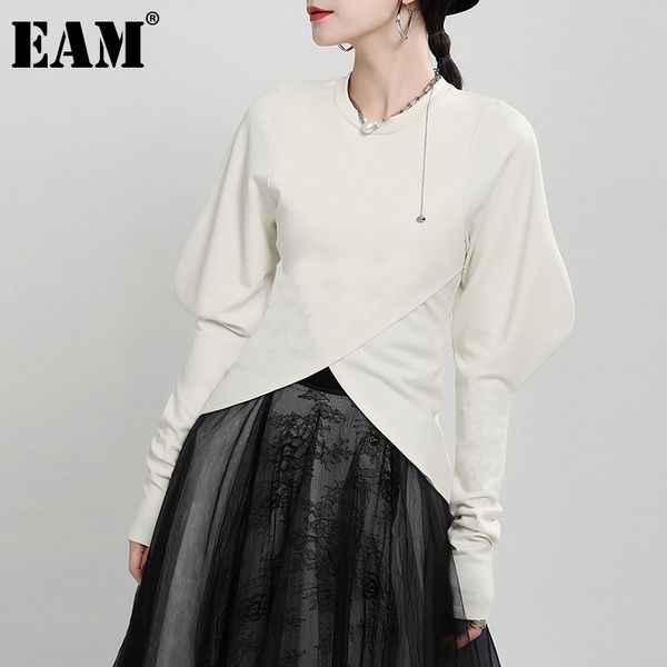

[eam] women shaped irregular tight t-shirt new round neck puff long sleeve fashion tide spring autumn 2021 1dd2529 210306, White