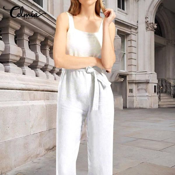 

women's jumpsuits & rompers celmia summer women vintage cotton plus size romper sleeveless spaghetti strap casual loose jumpsuit belt h, Black;white