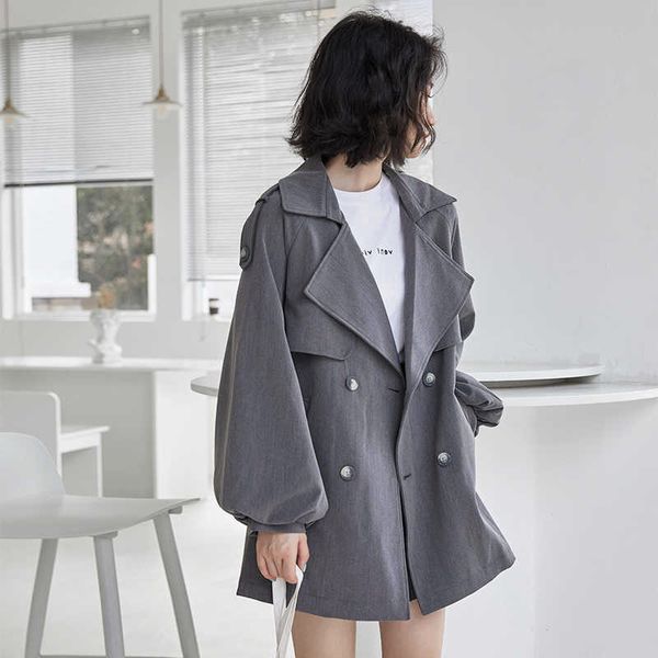 

make spring lantern sleeve with splicing pleated windbreaker female loose double-breasted coat 210706, Tan;black