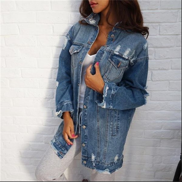 

2021 women denim jackets hole boyfriend style long sleeve vintage jean jacket denim loose spring autumn denim coat jeans, Black;brown