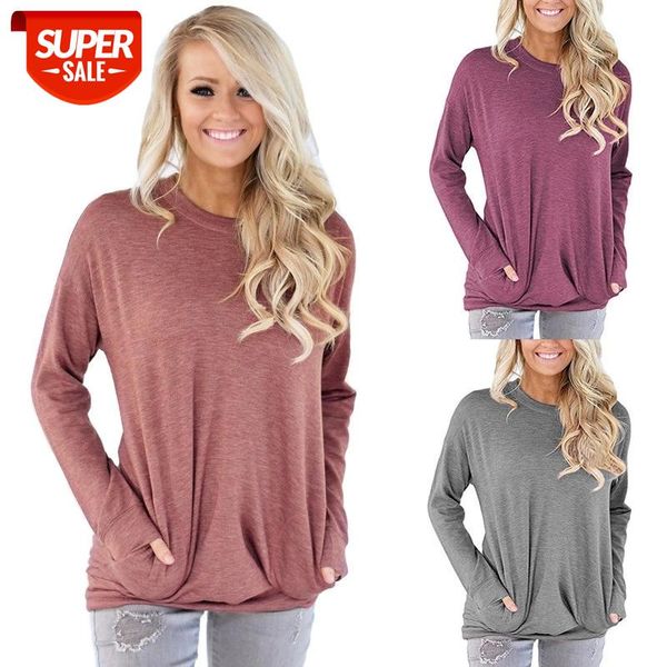 

fashion loose solid color long sleeve t-shirt women pocket decoration fall 2020 round neck casual bottoming shirt plus size #4i9s, White