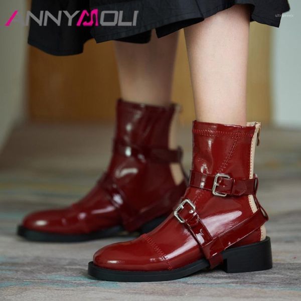 

boots annymoli real leather woman med heel ankle thick short buckle zip female shoes autumn winter wine red 401, Black