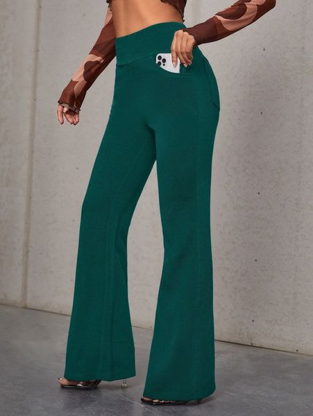 

high waist slant pocket flare leg pants f4b9#, Black;white